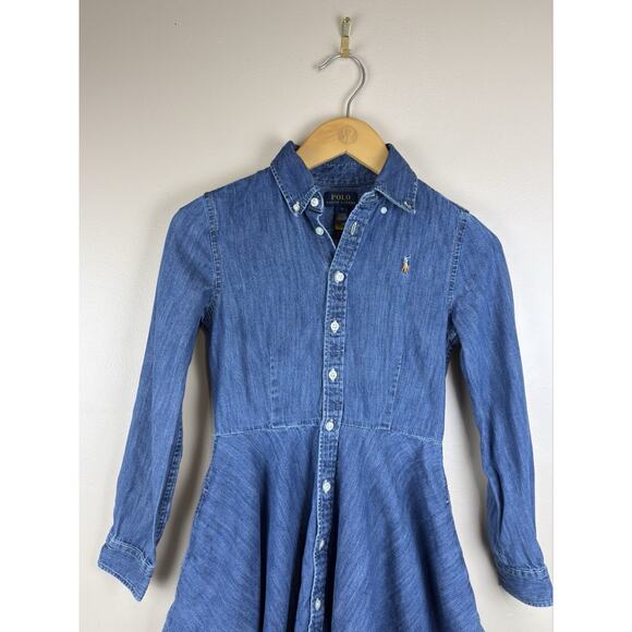 Polo Ralph Lauren Denim Shirt Dress Girls Size 10 Button Up Blue Fit Flare - Picture 2 of 13